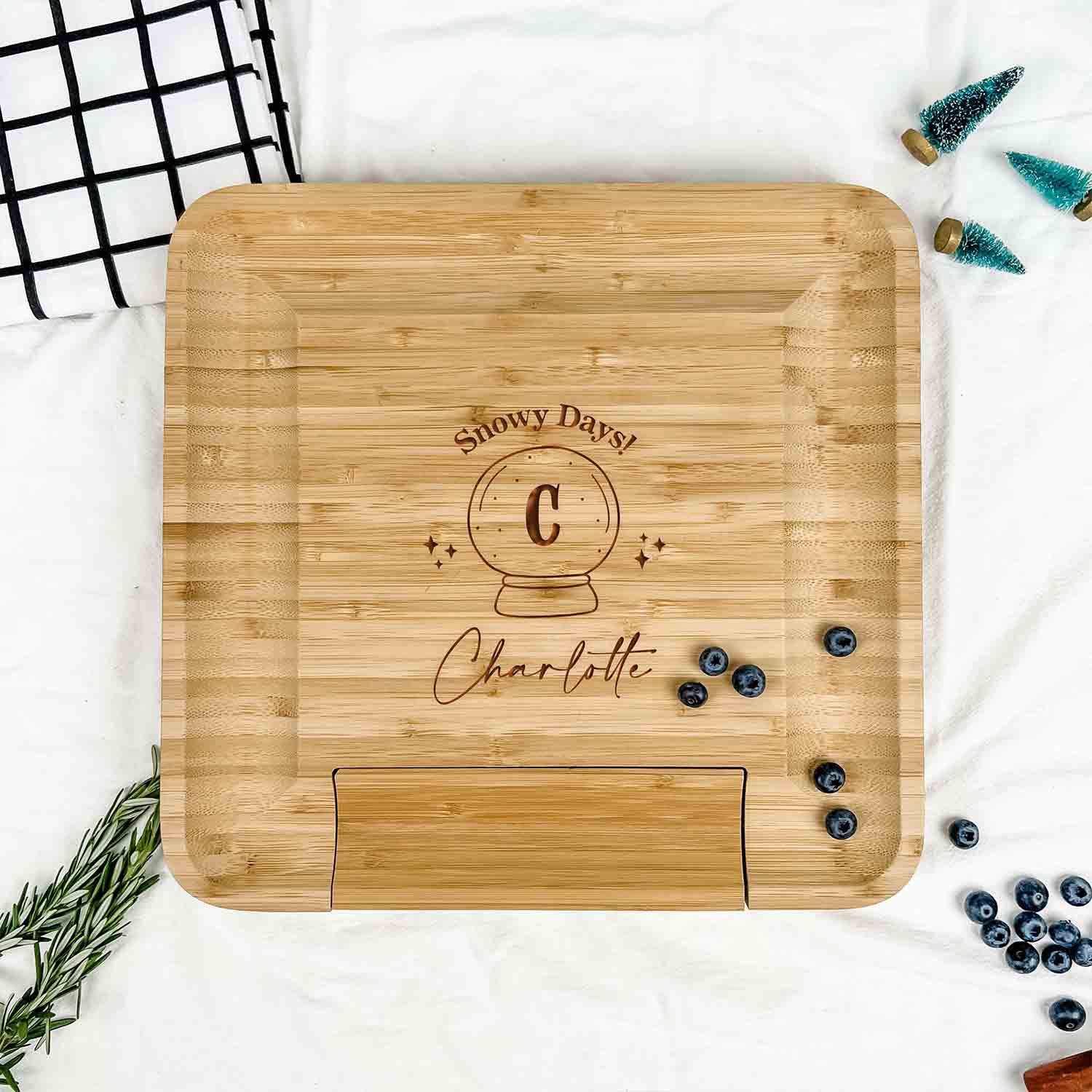 Engraved Wooden Square Cheese Board - Snow Globe Monogram Design