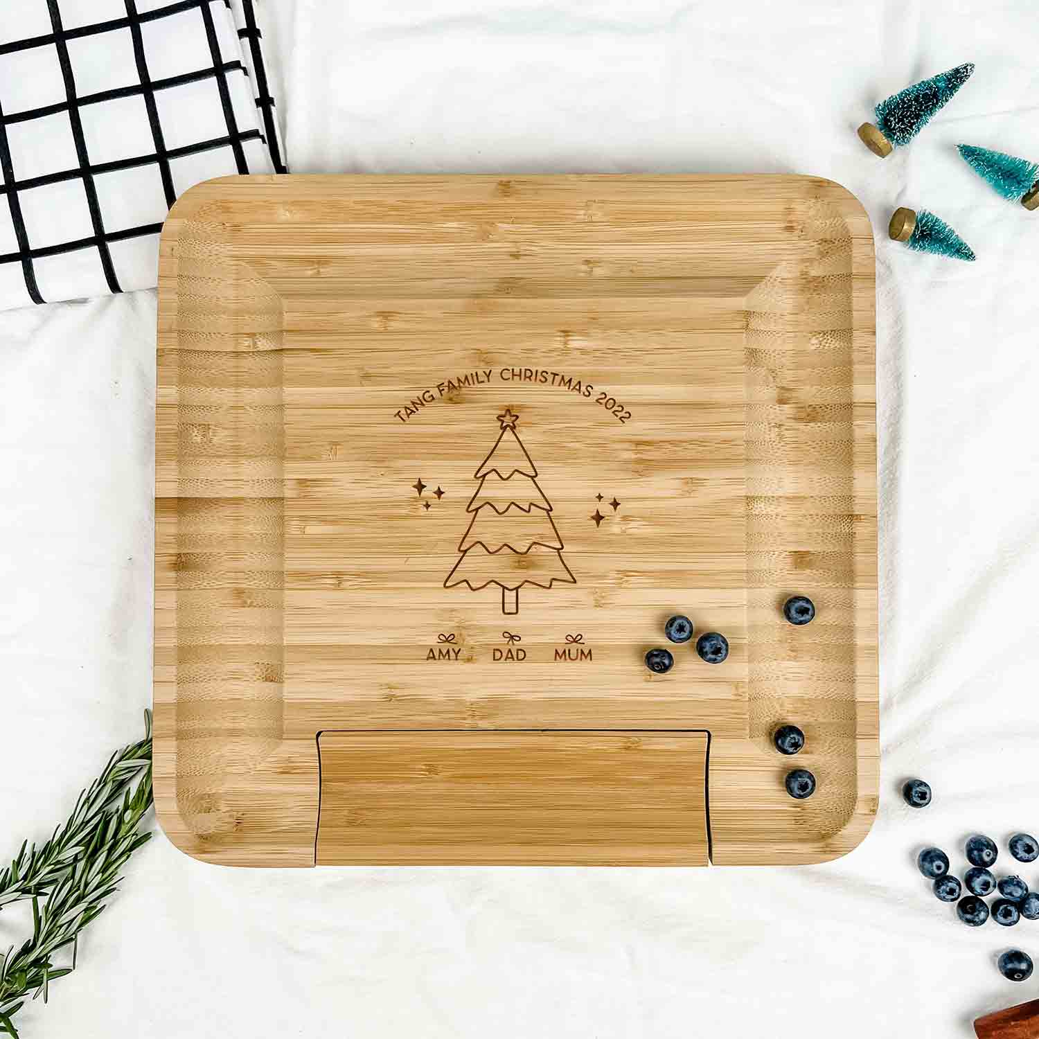 Engraved Wooden Square Cheese Board - Christmas Tree Gifts Family Design