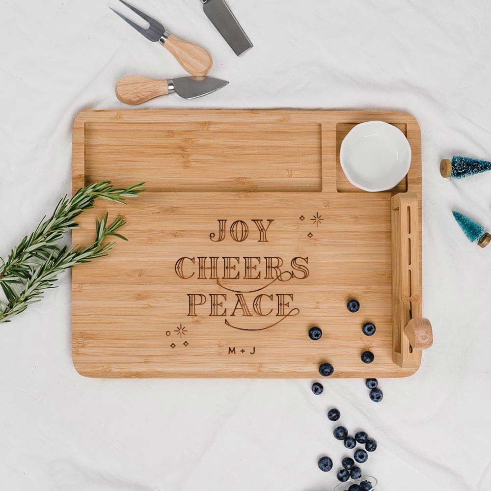 Engraved Wooden Rectangular Cheese Board - Festive Typography Design