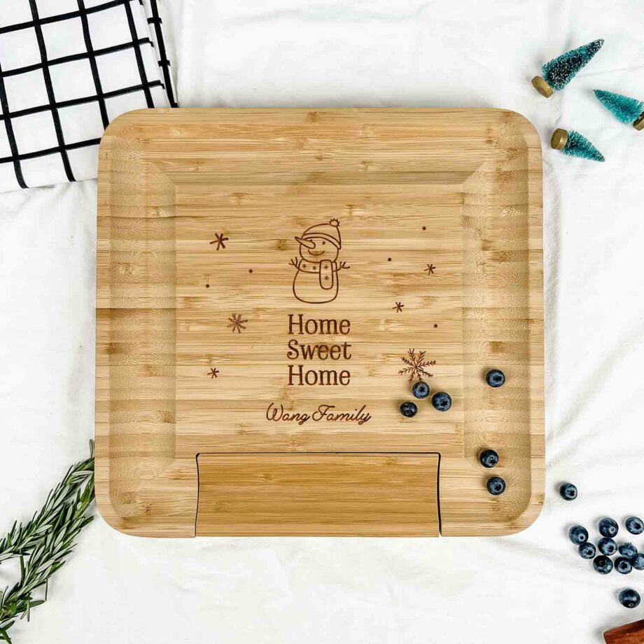 Engraved Wooden Square Cheese Board - Home Sweet Home Snowman Design