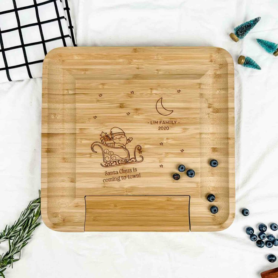 Engraved Wooden Square Cheese Board - Santa in the Night Sky Design