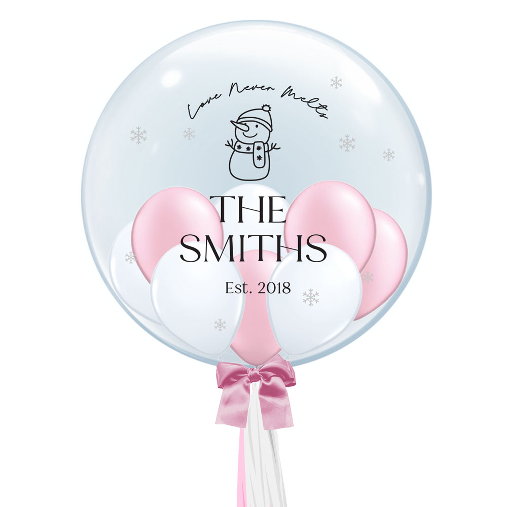 Custom Name 24 Inch Bubble Balloon - Love Never Melts Snowman Design