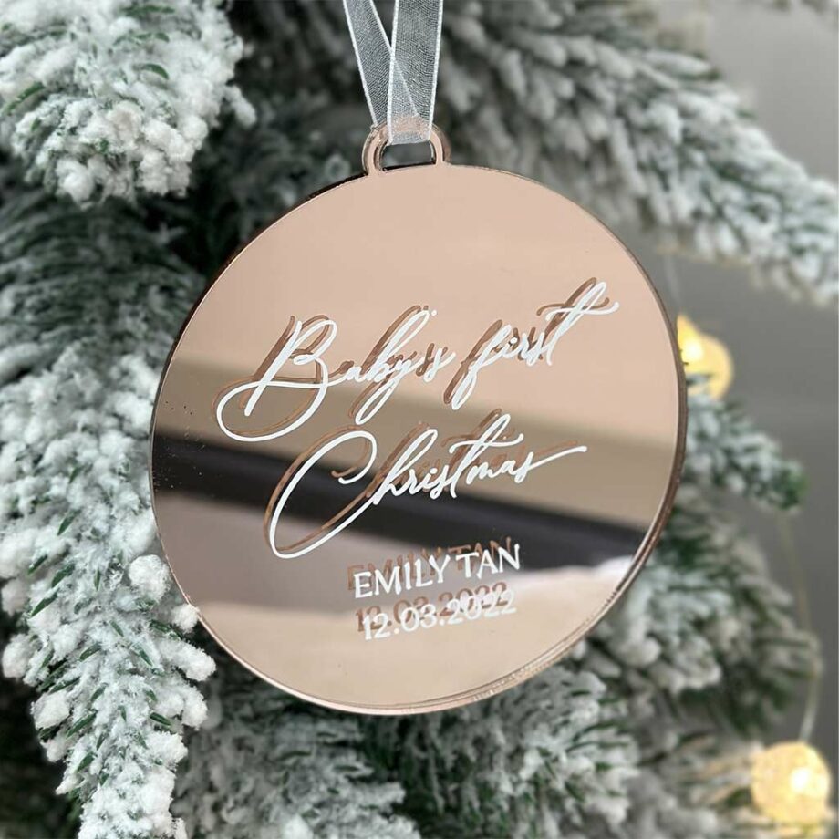 Mirror Rose Gold Lasercut Baby's First Christmas Calligraphy Text Design-Round Ornament