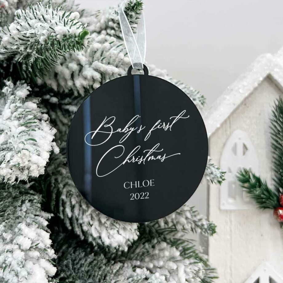 Black Lasercut Baby's First Christmas Calligraphy Text Design-Round Ornament