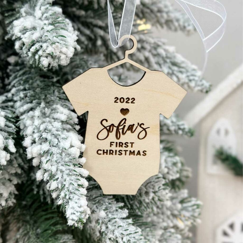 Wooden Engraved Baby's First Christmas Design-Onesie Ornament