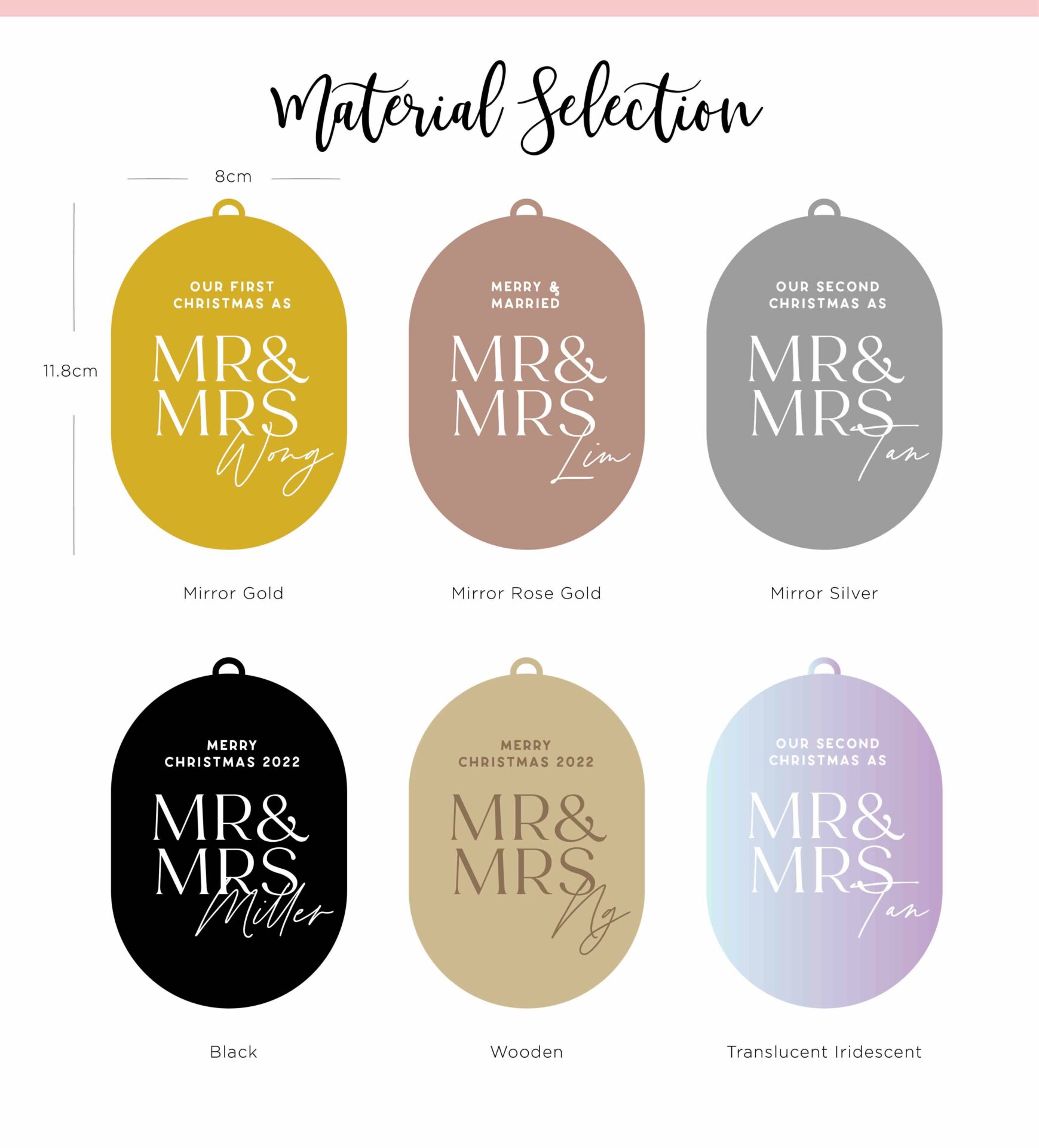 Mr & Mrs Design Oval Ornaments Material Selection