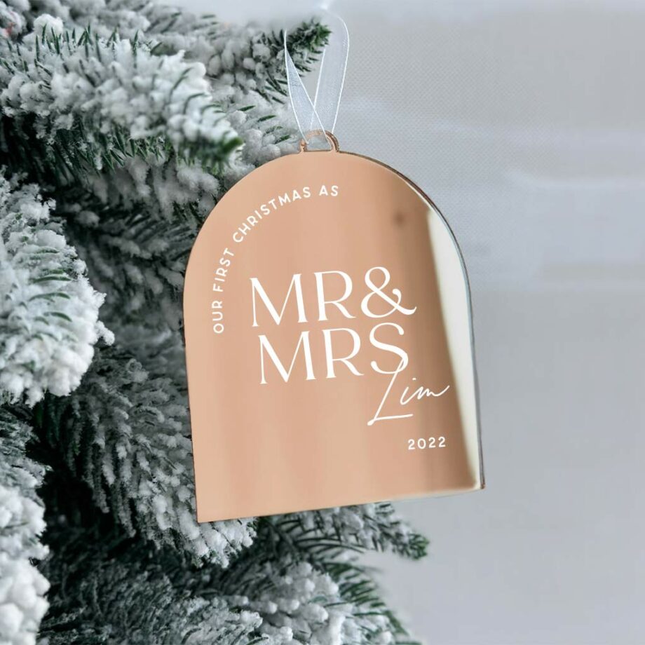 Mirror Rose Gold First Christmas as Mr & Mrs Design-Arch Ornament