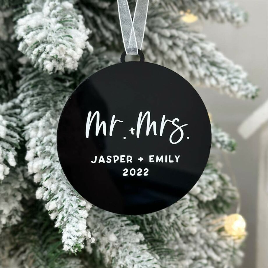 Black Lasercut Mr. & Mrs. Wording Design-Round Ornament
