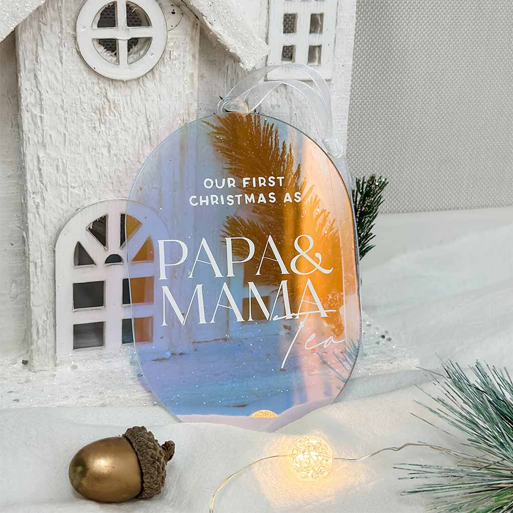 Translucent Iridescent Lasercut PAPA & MAMA Design-Oval Ornament
