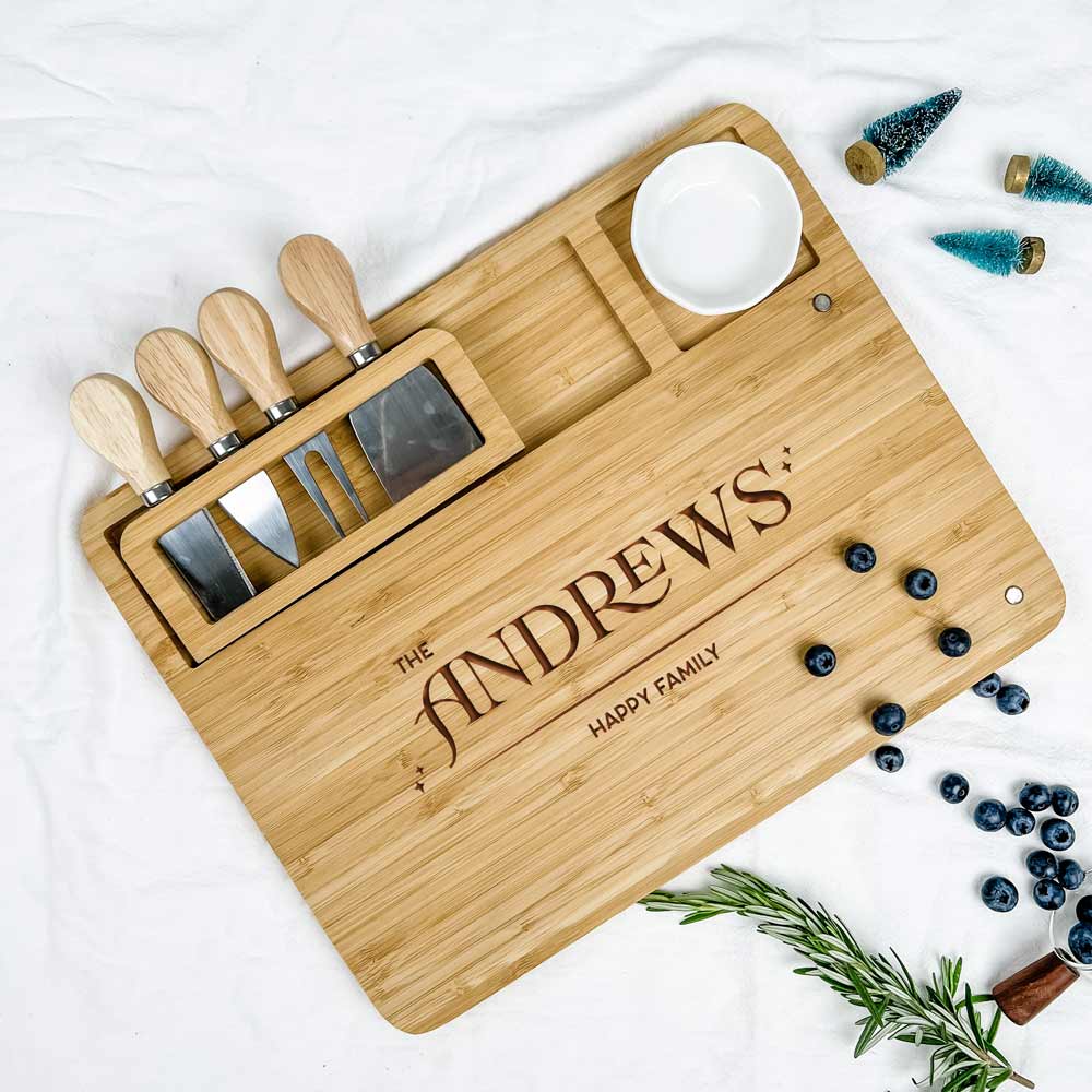 Engraved Wooden Rectangular Cheese Board - Classy Family Name Design