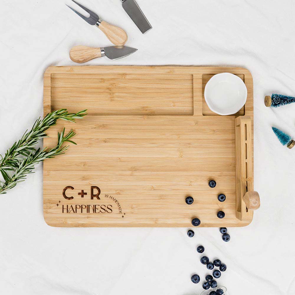 Engraved Wooden Rectangular Cheese Board - Happiness is hand-made Design