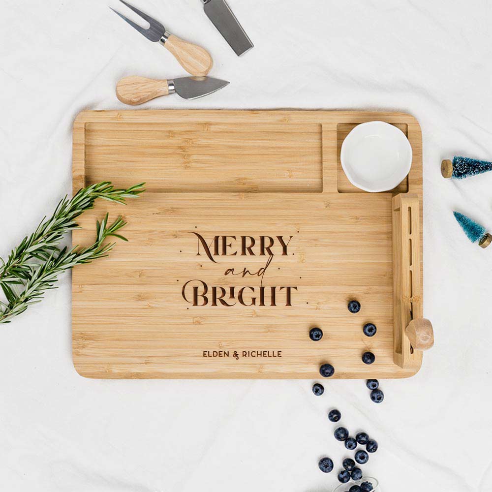 Engraved Wooden Rectangular Cheese Board - Merry and Bright Design