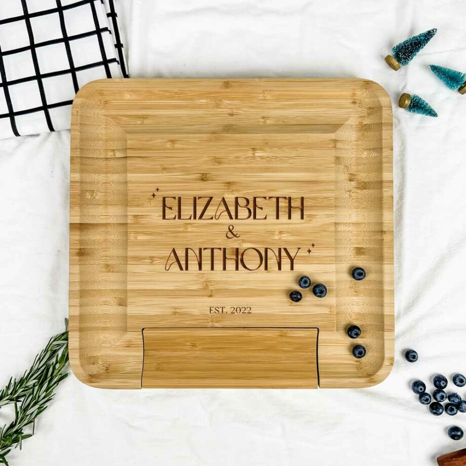 Engraved Wooden Square Cheese Board - Sparkle Couple