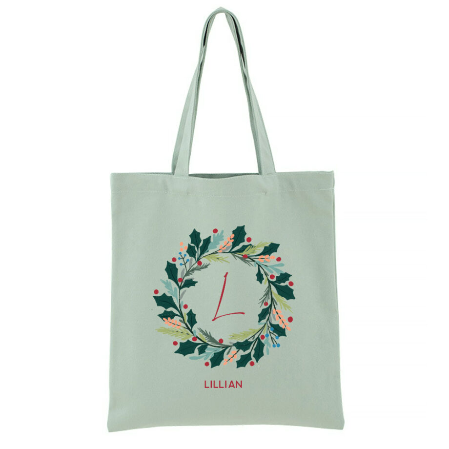 Merry Wreath Monogram Tote Bag