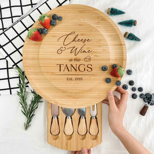 Engraved Wooden Round Cheese Board - Cheese And Wine