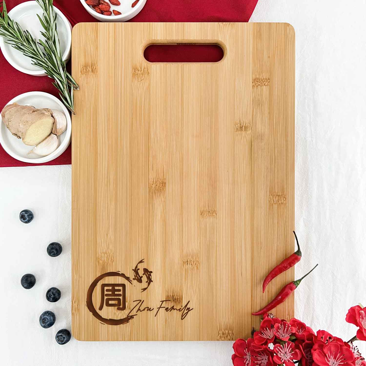 Custom Engraved Wooden Chopping Board Circular Surname with Koi Fish
