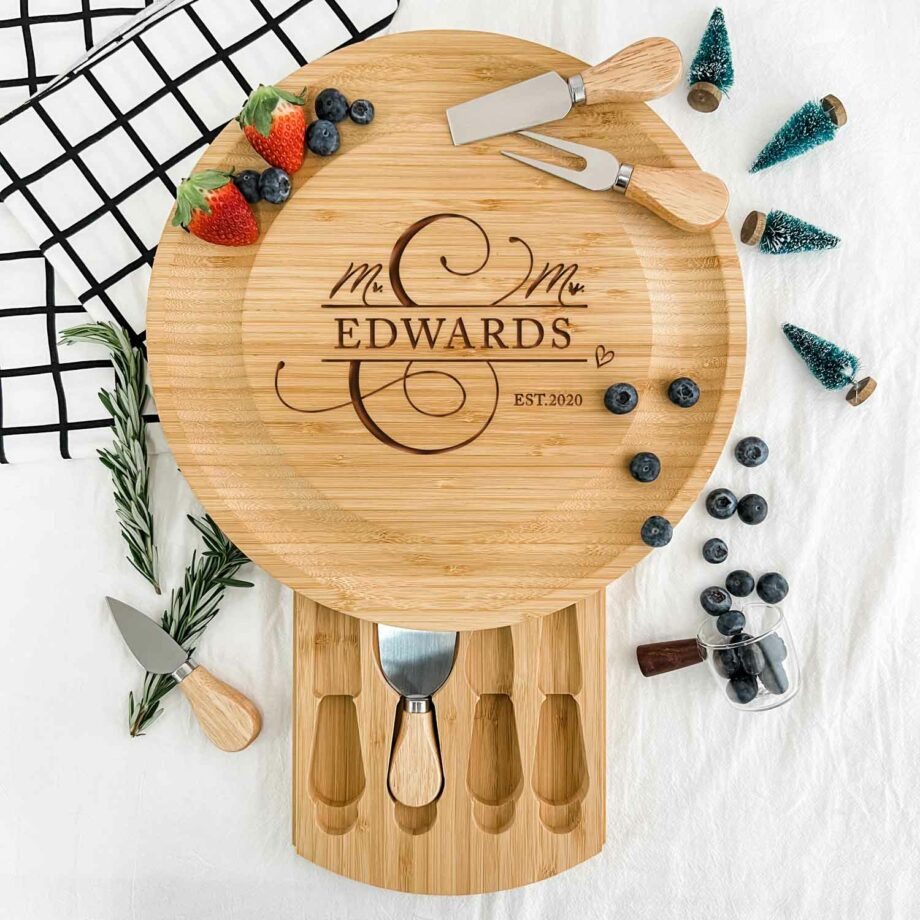 Engraved Wooden Round Cheese Board - Mr. & Mrs.