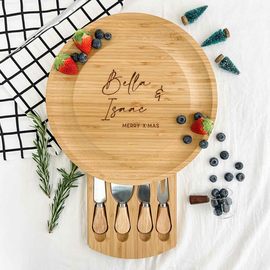 Engraved Wooden Round Cheese Board - Script Font Couple Names