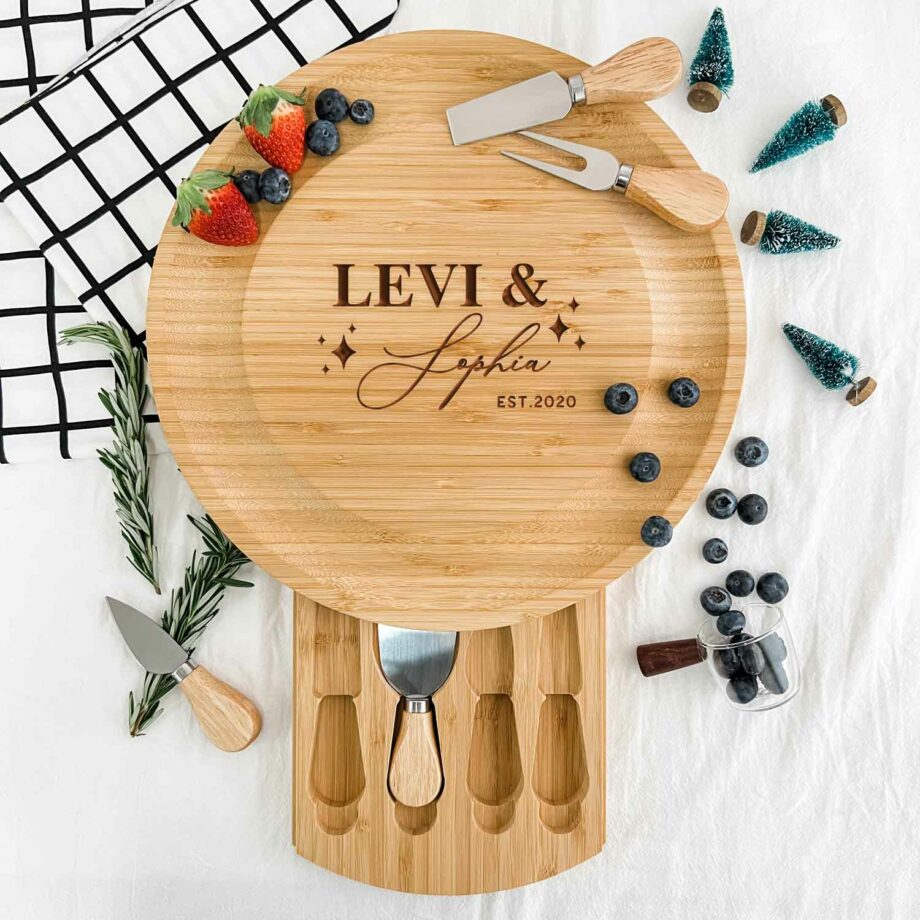 Engraved Wooden Round Cheese Board - Couple Names Modern Sparkles