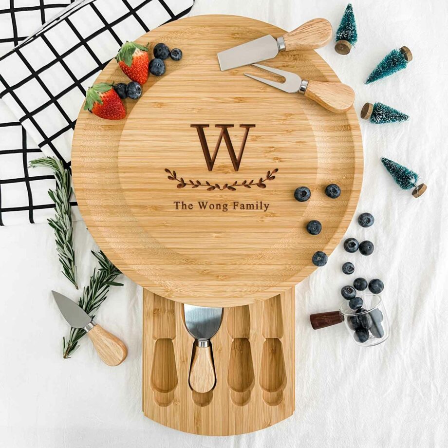Engraved Wooden Round Cheese Board - Custom Simple Monogram Wreath