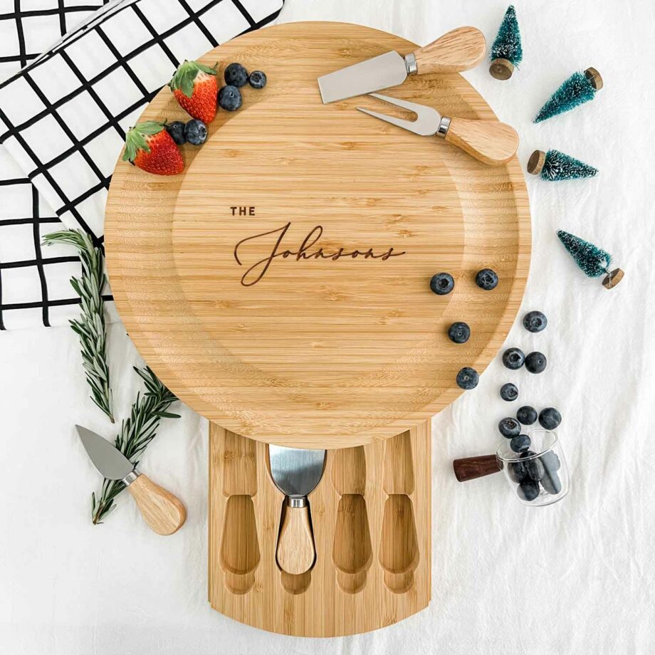 Engraved Wooden Round Cheese Board - The Custom Family Name Script Font Center