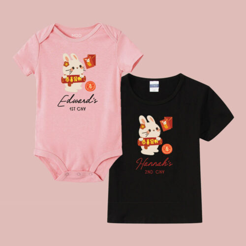Chinese New Year Collection Baby Bodysuit Romper Onesie T-Shirt - Kawaii Bunny Gong Xi Fa Cai Design