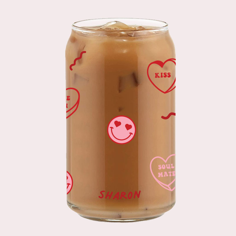 Smiley Sweet Hearts Graphics Coffee Can Glass Cold Beverage Glass