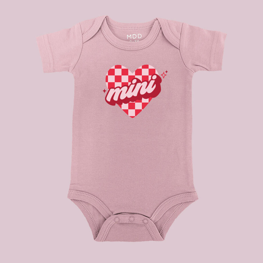 sparkle checkered pink heart mama and mini design mama and mini valentines tee - rose pink baby bodysuit