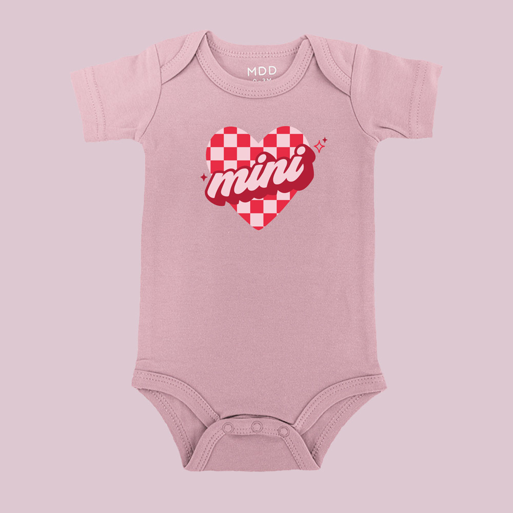 sparkle checkered pink heart mama and mini design mama and mini valentines tee - rose pink baby bodysuit