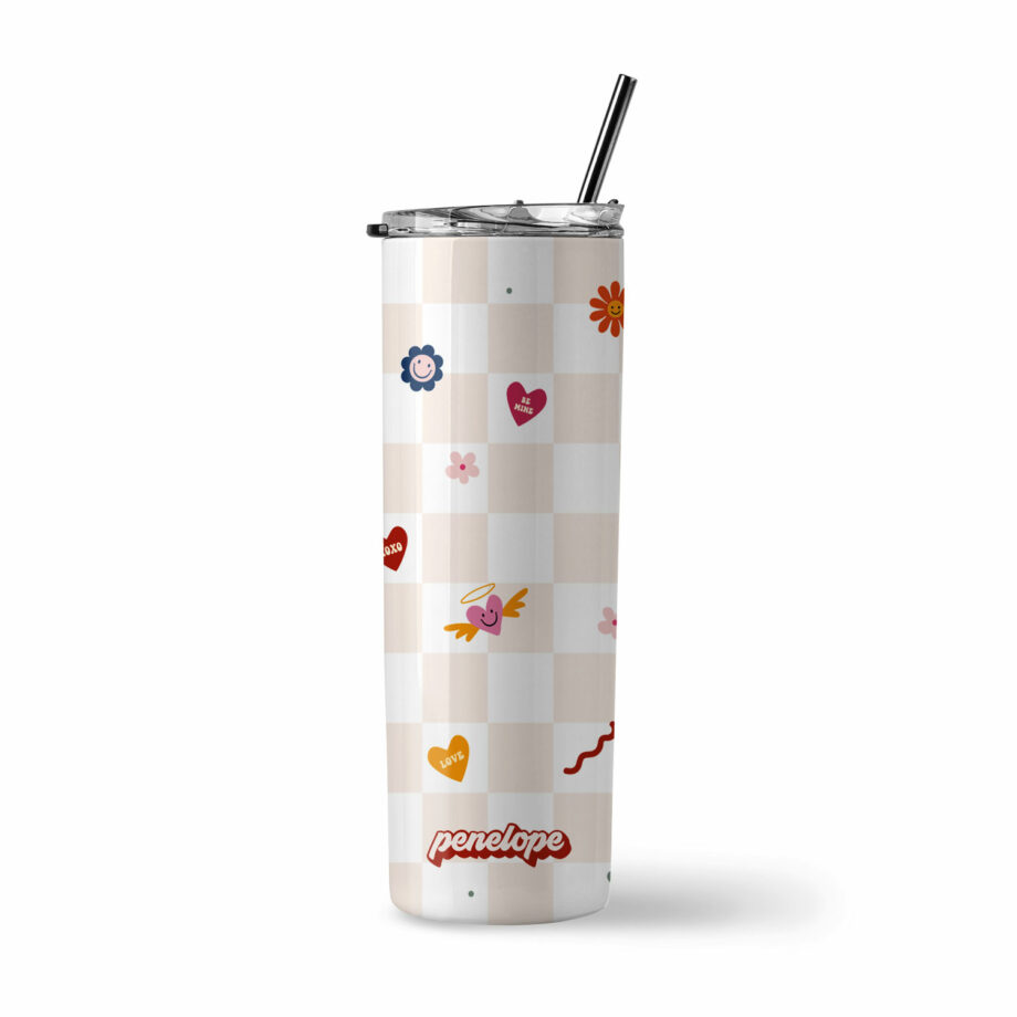 Insulated Stainless Steel Tumbler - Checkered Groovy Love Design