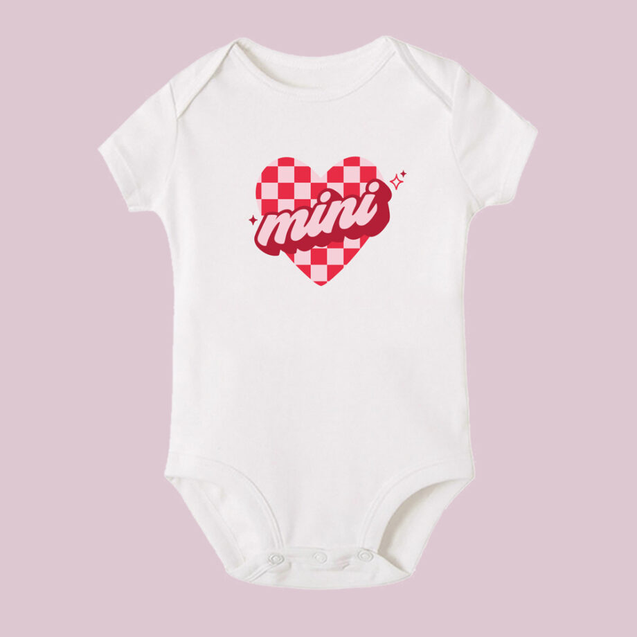 sparkle checkered pink heart mama and mini design mama and mini valentines tee - white baby bodysuit