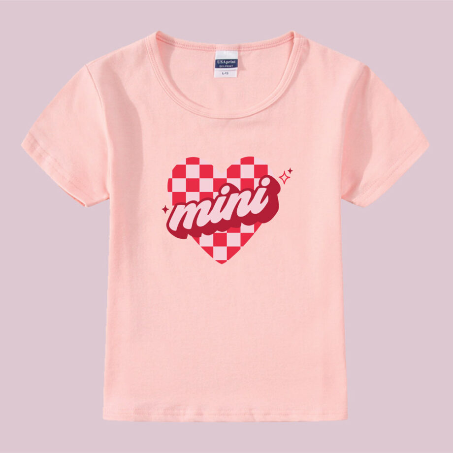 sparkle checkered pink heart mama and mini design mama and mini valentines tee - peach kids tee