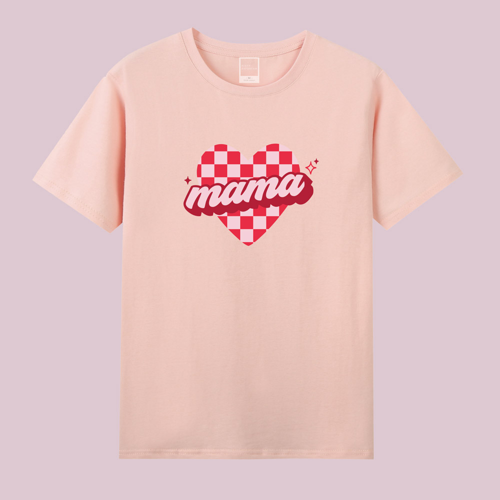 sparkle checkered pink heart mama and mini design mama and mini valentines tee - peach adult tee