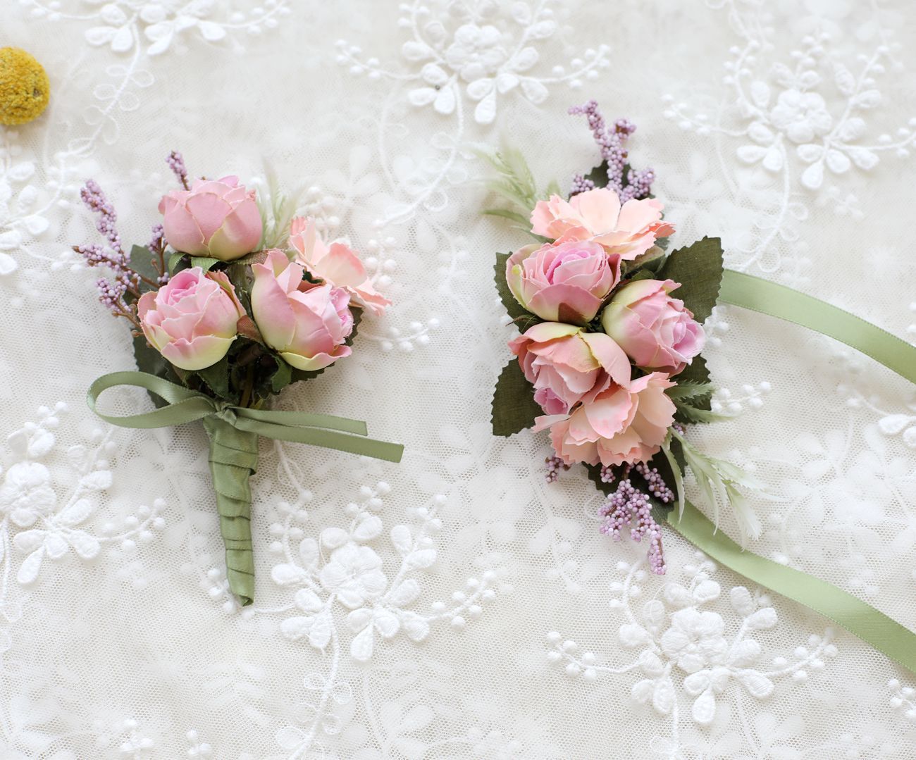 Light Pink and Purple Mixed Flowers Boutonnière and Wrist Corsage