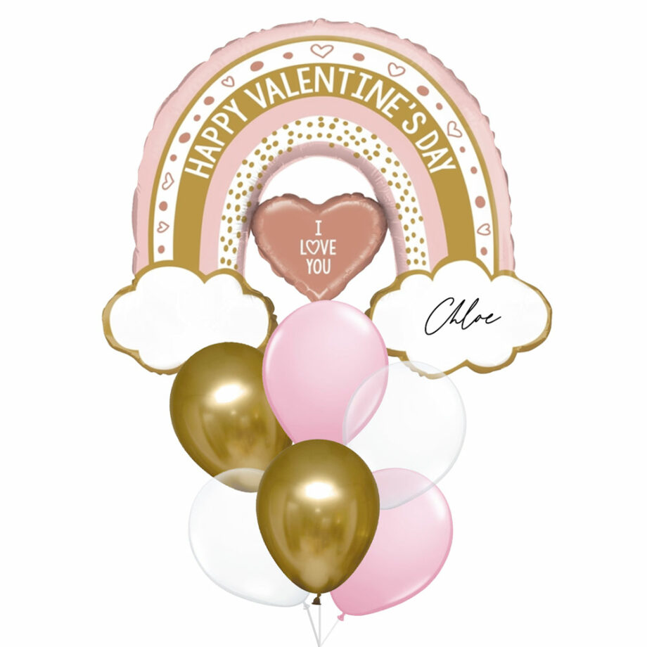 Rose Gold Happy Valentine's Day Rainbow Foil Balloons Bouquet with custom name