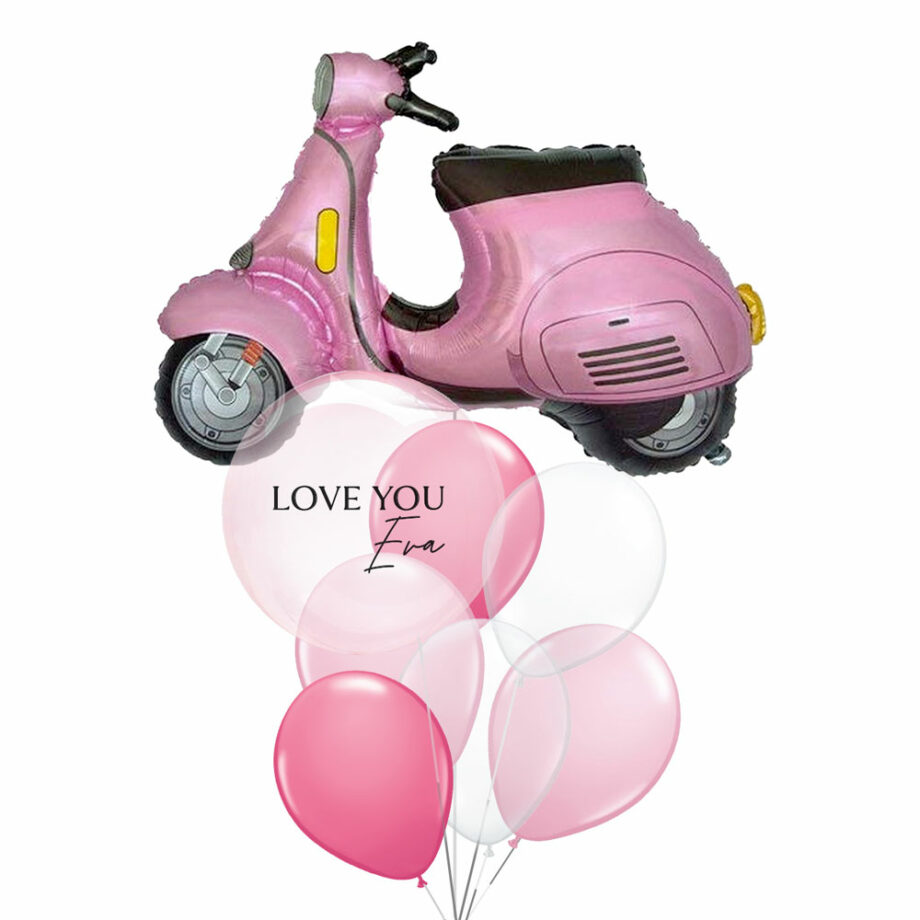Valentines day pink scooter balloons bouquet with custom name