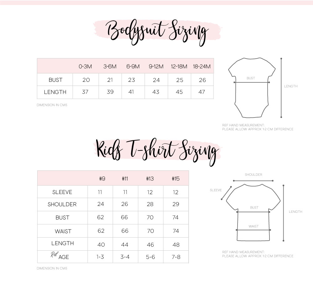 baby bodysuit and kids tee shirt size chart
