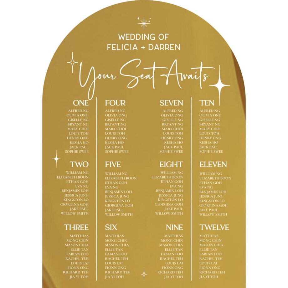 mirror gold wedding seating chart - starry script design