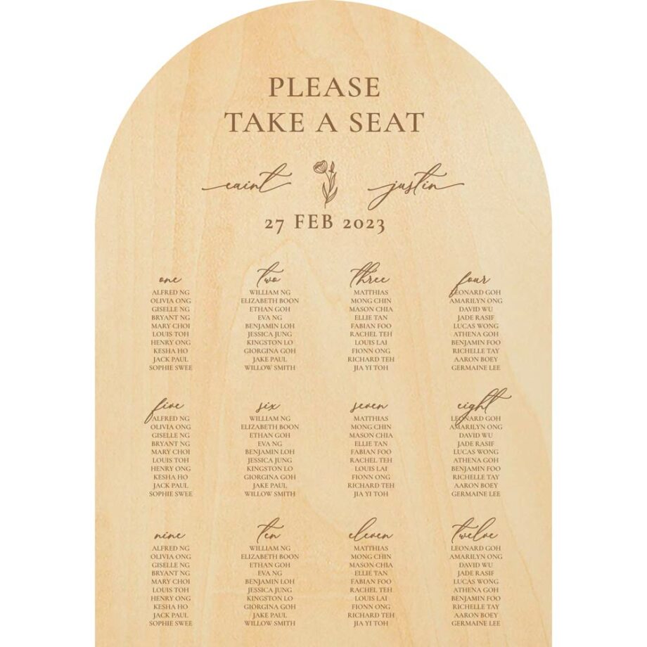 ply wood wedding seating chart - floral script design