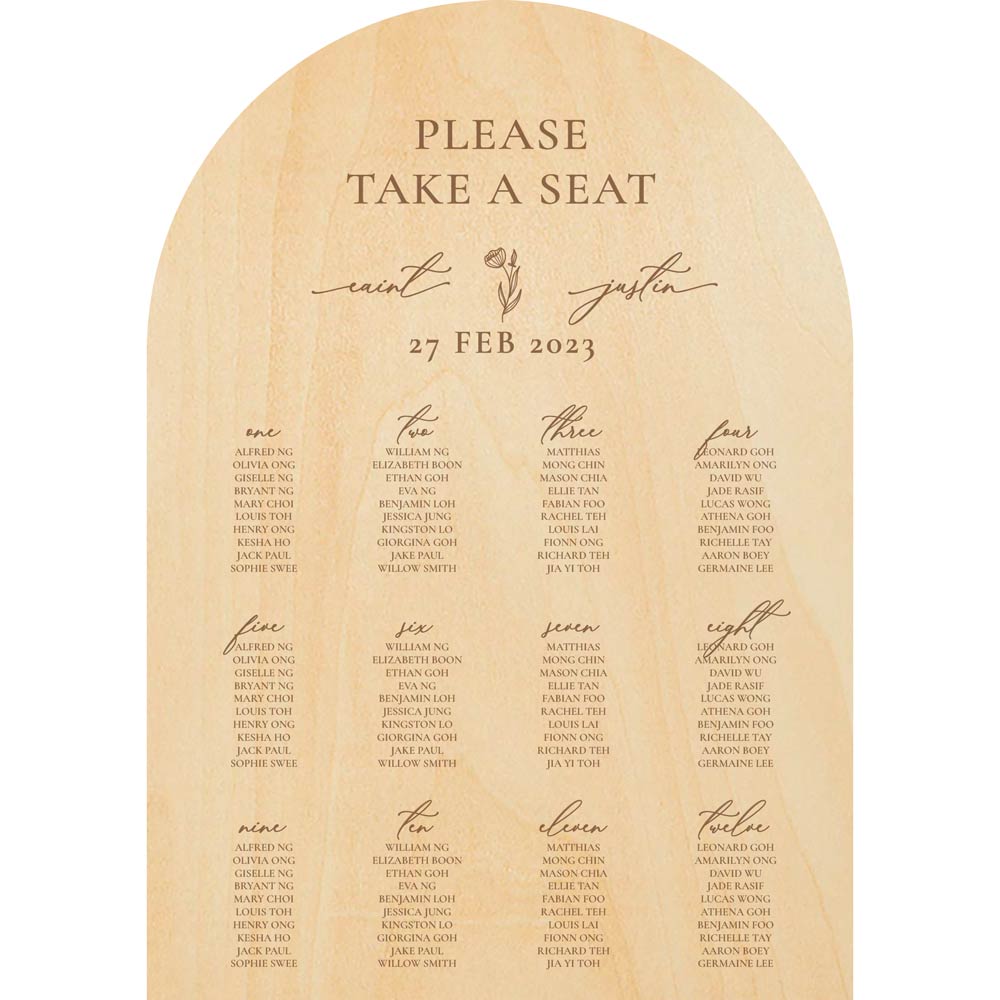ply wood wedding seating chart - floral script design