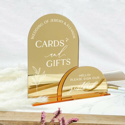 cards and gifts arch table signage duo - mirror gold