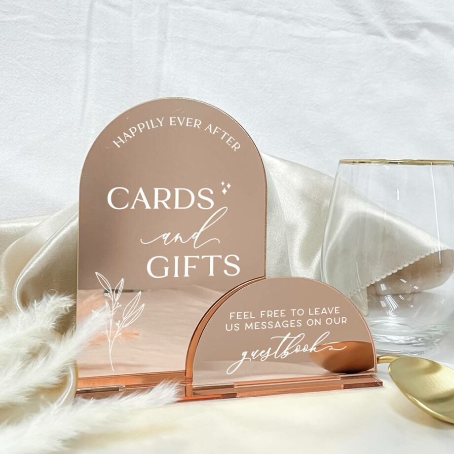 cards and gifts arch table signage duo - mirror rose gold