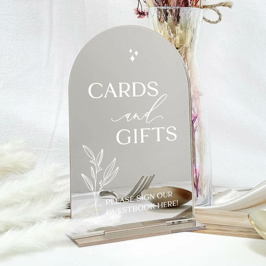 cards and gifts arch table signage - mirror silver