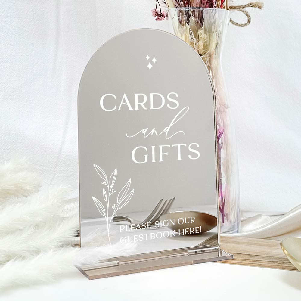 cards and gifts arch table signage - mirror silver
