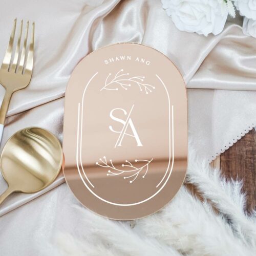 wedding favour - minimal monogram coaster oval in mirror rose gold