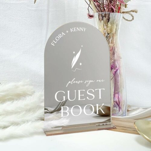 sign our guest book arch table signage - mirror silver