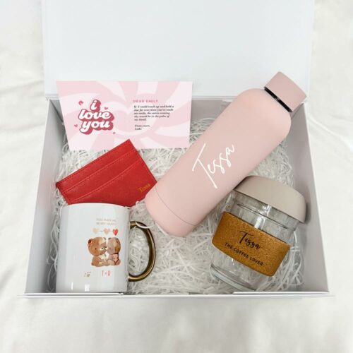 Vday For HER Office Girl Box - Gift Box, Luxe Matte Finish Bottle, Corkwood Band Glass Coffee Cup, Printed Mug, Leather Cardholder, Gift Card