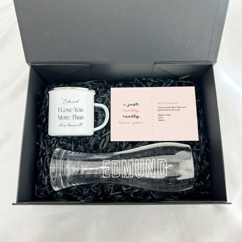 Vday For HIM Coffee/Bar Break Box- Gift Box, Gift Card, Pilsner Glass, Printed Mug