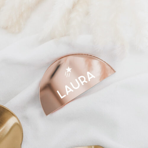 wedding favour - name place card in mirror rose gold
