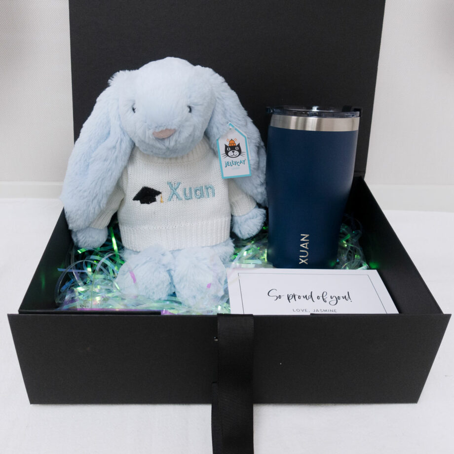 Jellycat Custom Name Graduation Bunny and stainless steel tumbler graduation gift box set